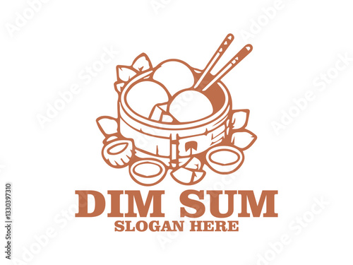 Line art illustration of dim sum in a bamboo steamer with chopsticks on a white background. Asian cuisine concept. dim sum in a steamer with chopsticks and tea cups and logo vector dism sum
