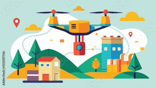 Vector illustration showcasing a drone flying over a colorful landscape with houses, trees, and storage facilities during a sunny day
