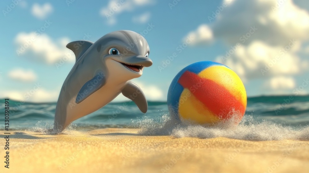 Obraz premium Playful dolphin on a sandy beach with a colorful ball