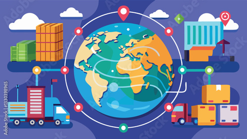 Global transportation network showcasing various logistics and supply chain elements in a colorful vector illustration