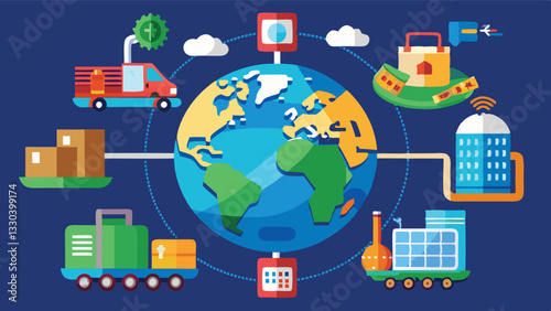 Global transportation network showcasing various logistics and supply chain elements in a colorful vector illustration