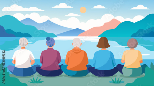 A group of seniors sit quietly by a glistening lake fully immersed in a guided meditation during their mindfulness retreat.. Vector illustration