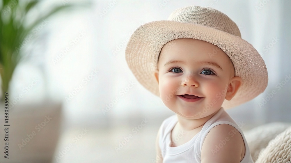 Happy Baby Smiling in Straw Hat with Natural Background Happy Baby Smiling in Straw Hat with Natural Background