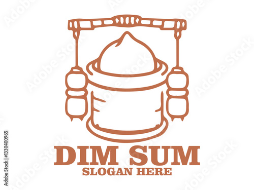 Line art illustration of dim sum in a bamboo steamer with chopsticks on a white background. Asian cuisine concept. dim sum in a steamer with chopsticks and tea cups and logo vector dism sum