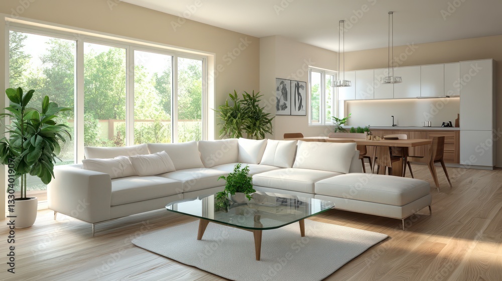 Fototapeta premium A chic minimalist interior with soft beige walls and light wood floors