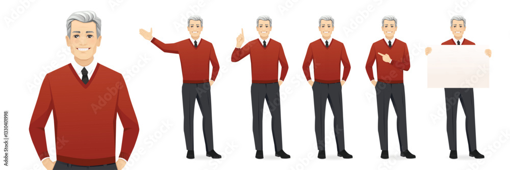 Obraz premium Mature business man in different poses set. Various gestures - pointing, showing, standing with hands in pockets, holding empty blank board. Isolated vector illustration set