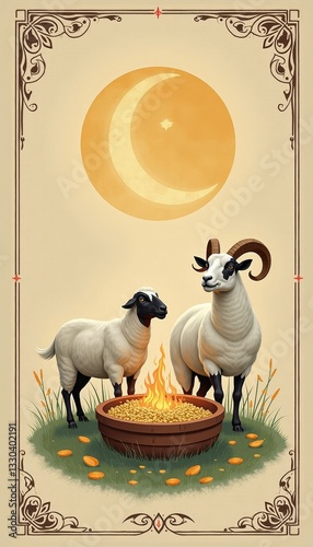 Eid Ul Adha Celebration: White Sheep Against m Golden Fire in a Grassy Field. Two sheep standing next to each other near a fire pit. photo