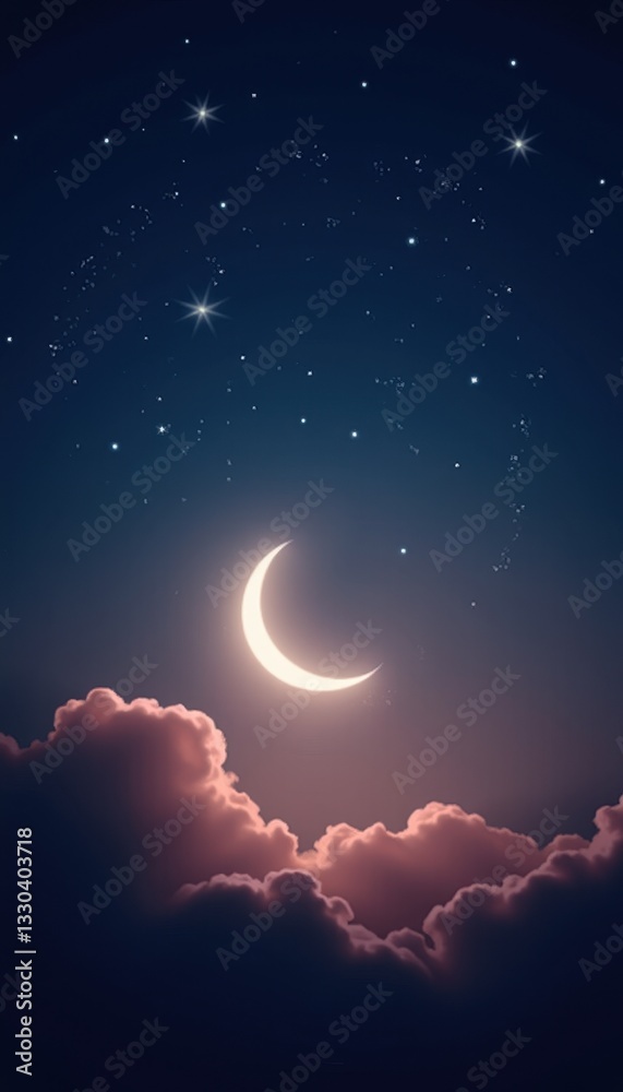 Fototapeta premium Eid Ul Adha and Eid Ul Vida Celebrations: A Starry Night Sky Scene. A crescent moon in the night sky surrounded by stars.
