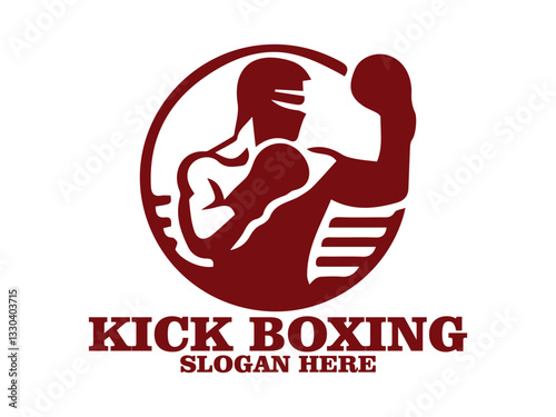 illustration kick boxing of a boxer in a fighting stance with raised gloves against, kick boxing  of a boxer with muscular build, raised gloves  background. Fitness and sports concept and logo vector