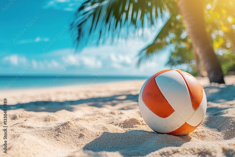 Obraz premium Beachfront volleyball rests on warm sand under clear blue skies