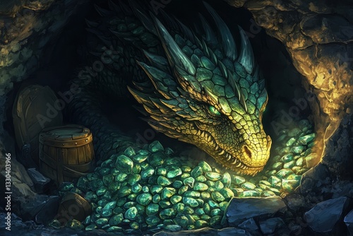A green scaled dragon resting in its hoard of jewels