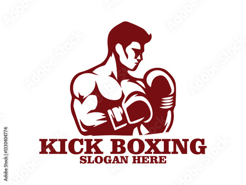 illustration kick boxing of a boxer in a fighting stance with raised gloves against, kick boxing  of a boxer with muscular build, raised gloves  background. Fitness and sports concept and logo vector