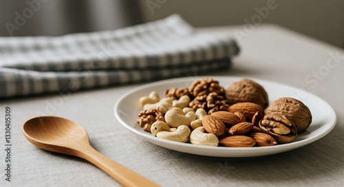 Plate of Mixed Nuts on a Table with Wooden Spoon