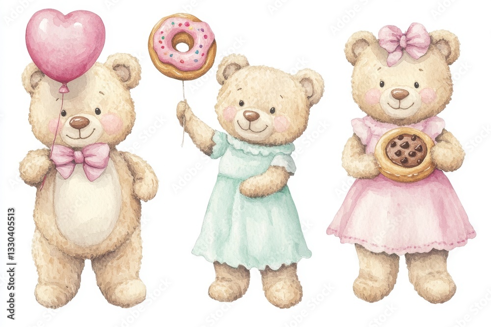 Cute Cartoon Bears with Balloons and Treats in Pastel Colors Cute Cartoon Bears with Balloons and Treats in Pastel Colors