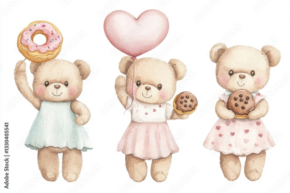 Cute Teddy Bears with Treats and Balloon in Pastel Colors Cute Teddy Bears with Treats and Balloon in Pastel Colors