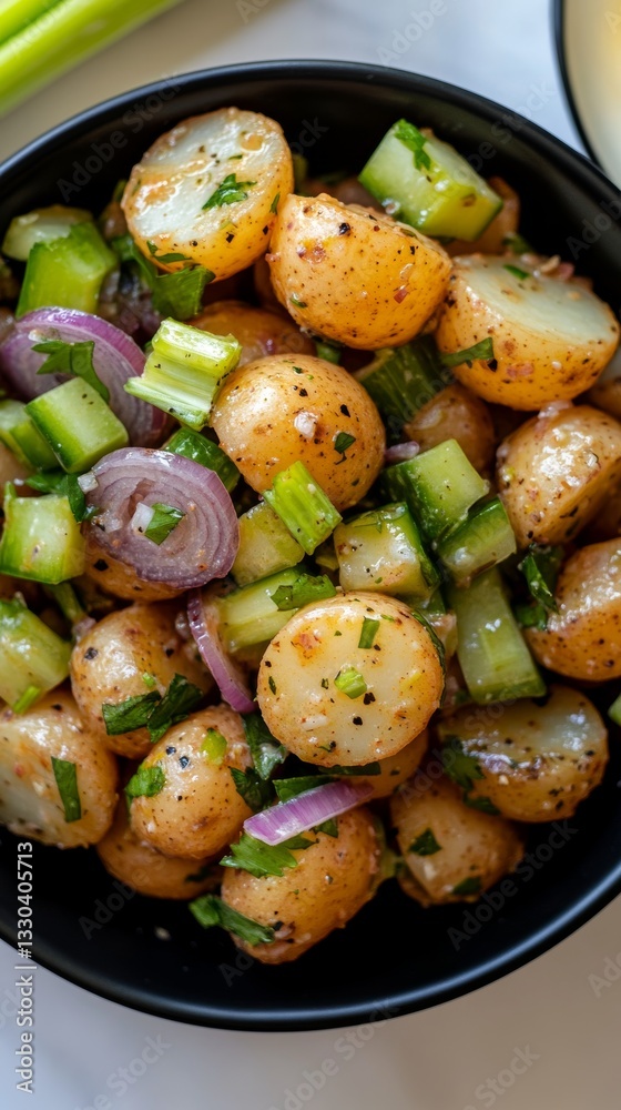 Bright purple onion and celery enhance savory potato salad in a black bowl on a white background Bright purple onion and celery enhance savory potato salad in a black bowl on a white background