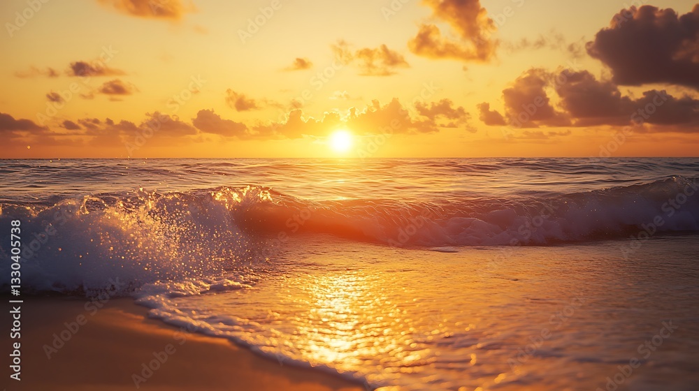 Golden sunset over tranquil ocean waves crashing on the shore Golden sunset over tranquil ocean waves crashing on the shore