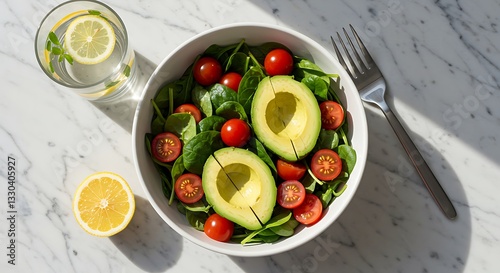 Preparing Fresh Avocado Salad with Spinach and Tomatoes on Marble Table