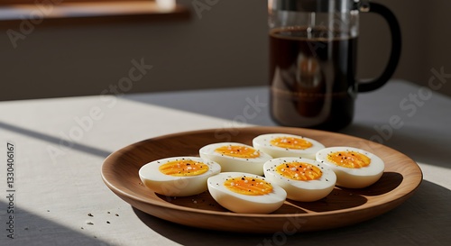 Hard Boiled Eggs on Wooden Plate with Coffee in Background