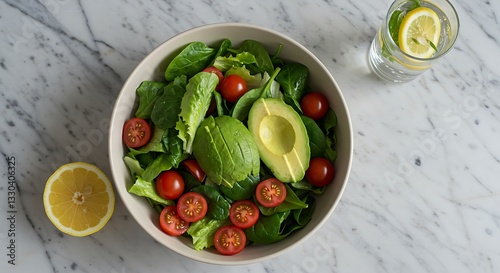 Preparing Fresh Salad Bowl with Avocado and Cherry Tomatoes Closeup