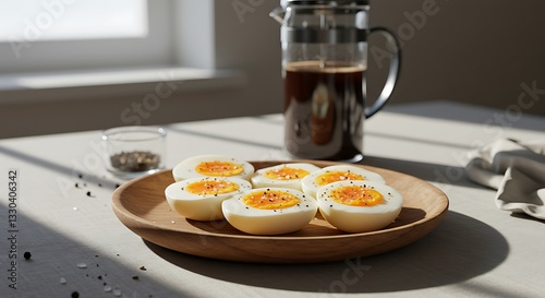 Hard Boiled Eggs with Coffee on a Wooden Plate for Breakfast