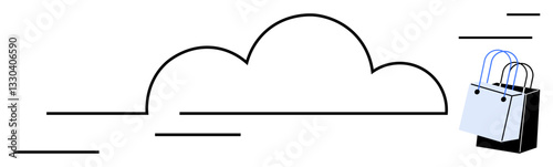 Cloud element with simplified shopping bags suggests blend of digital technology and retail. Ideal for e-commerce, online shopping, cloud storage, technology services, digital marketplaces, internet