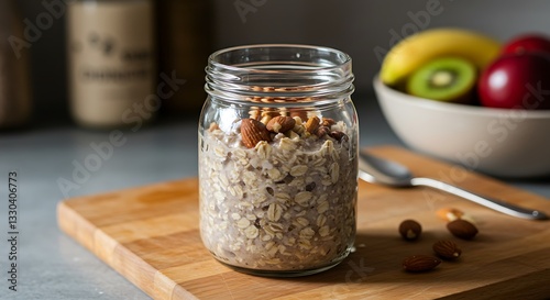 Preparing Oatmeal with Nuts in a Glass Jar for Breakfast