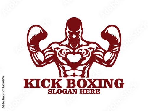 illustration kick boxing of a boxer in a fighting stance with raised gloves against, kick boxing  of a boxer with muscular build, raised gloves  background. Fitness and sports concept and logo vector