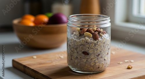 Oatmeal Breakfast Jar with Nuts on Wood Cutting Board