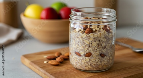 Overnight Oats with Almonds in Jar on Wooden Board Healthy Breakfast
