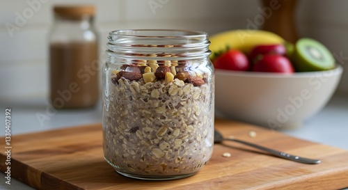 Preparing Healthy Overnight Oats with Nuts and Fruits for Breakfast