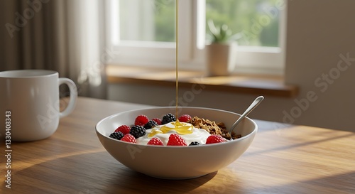 Honey Being Poured Onto Yogurt with Berries and Granola Breakfast