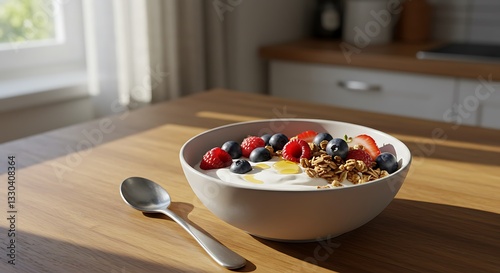 Eating Yogurt Bowl with Berries and Granola for Healthy Breakfast