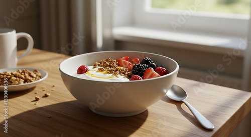 Bowl of Yogurt with Berries and Granola on Wood Table
