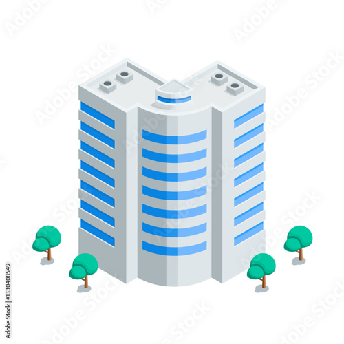 isometric vector high rise house and trees, in color on white background, city buildings