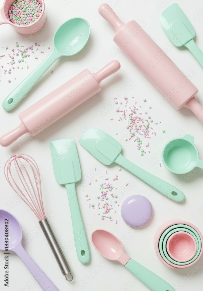 A clean white background with pastel-colored baking tools and tempting bakery treats. A clean white background with pastel-colored baking tools and tempting bakery treats.