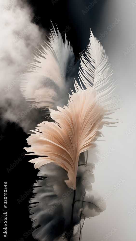 Naklejka premium White and beige watercolor feather art on black background