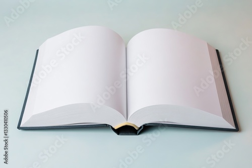 Open book displaying empty white pages on a neutral backdrop