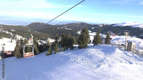 Empty Chairlifts Moving Over Snow-Covered Trees in a Peaceful Winter Landscape