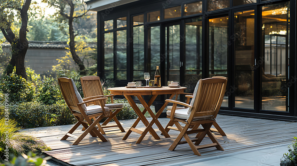 Wooden chairs and table on terrace of modern house in garden Wooden chairs and table on terrace of modern house in garden