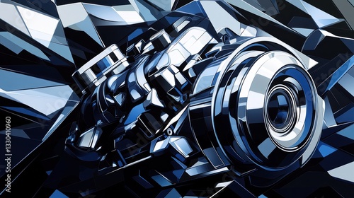 Abstract illustration of a detailed engine, rendered in a stylized, geometric, and metallic style.