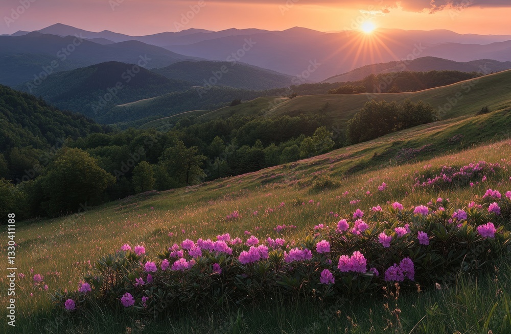 Fototapeta premium Mountain meadow sunset, rhododendron flowers, hills, forest