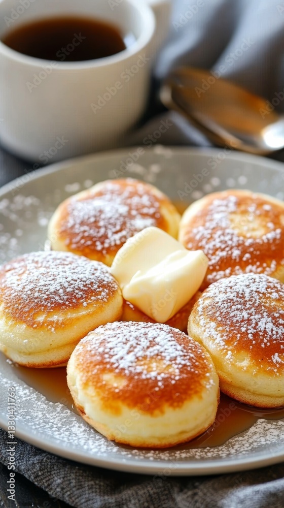 Delicious mini Dutch poffertjes served with butter and syrup in a cozy cafe setting Delicious mini Dutch poffertjes served with butter and syrup in a cozy cafe setting