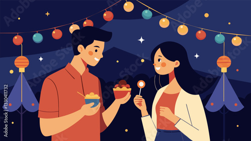 Couples share bites of sweet and savory treats at a romantic night market illuminated by ling lights and lanterns.. Vector illustration
