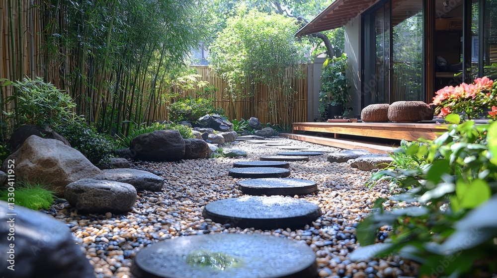 A peaceful Zen garden with stones and bamboo, promoting mindfulness A peaceful Zen garden with stones and bamboo, promoting mindfulness