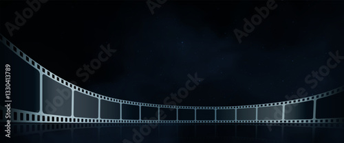 Blue Cinema Background with film reel. Realistic 3D isometric film strip in perspective. Template film festival with bright stars on blue backdrop. Design element for poster, brochure, tickets, flyer.