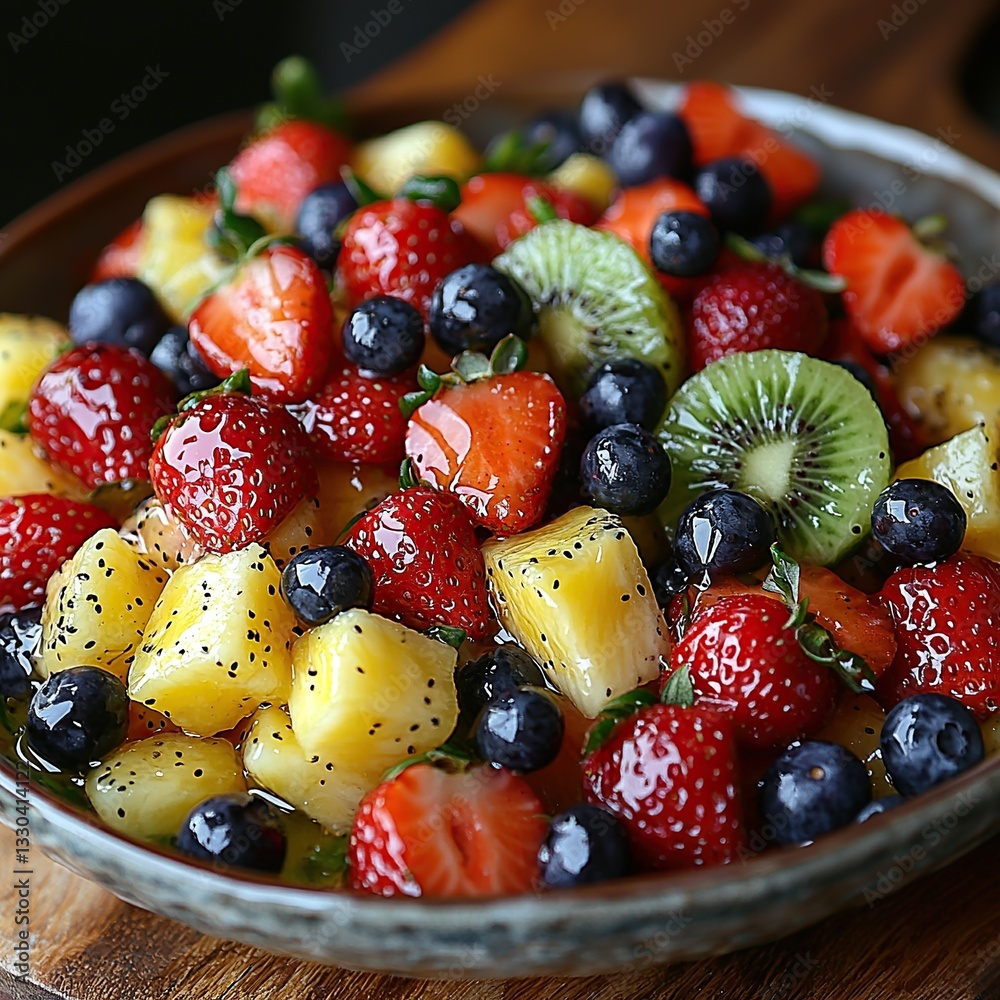 Obraz premium Colorful fruit salad featuring strawberries, blueberries, kiwi, and pineapple arranged beautifully on a rustic wooden table