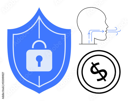 Blue shield with lock symbolizing protection, head with airflow showing communication, and dollar sign denoting financial security. Ideal for security, privacy, protection, finance, transparency