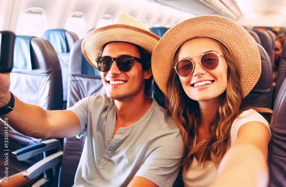 A happy couple in straw hats and sunglasses boarding a plane about to go on vacation