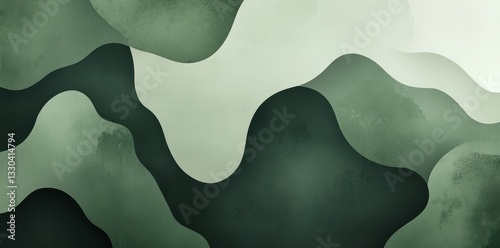 Abstract layered design with flowing shapes and varied shades of green